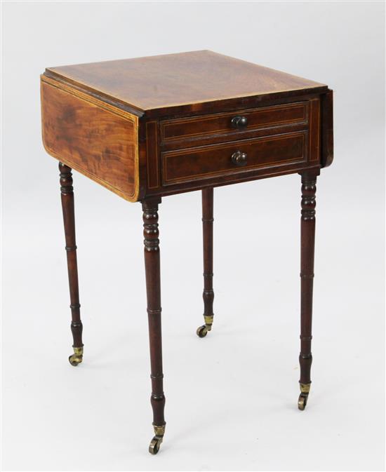A Regency kingwood banded mahogany work table, W.1ft 6in. D.1ft 7in. H.2ft 5in.